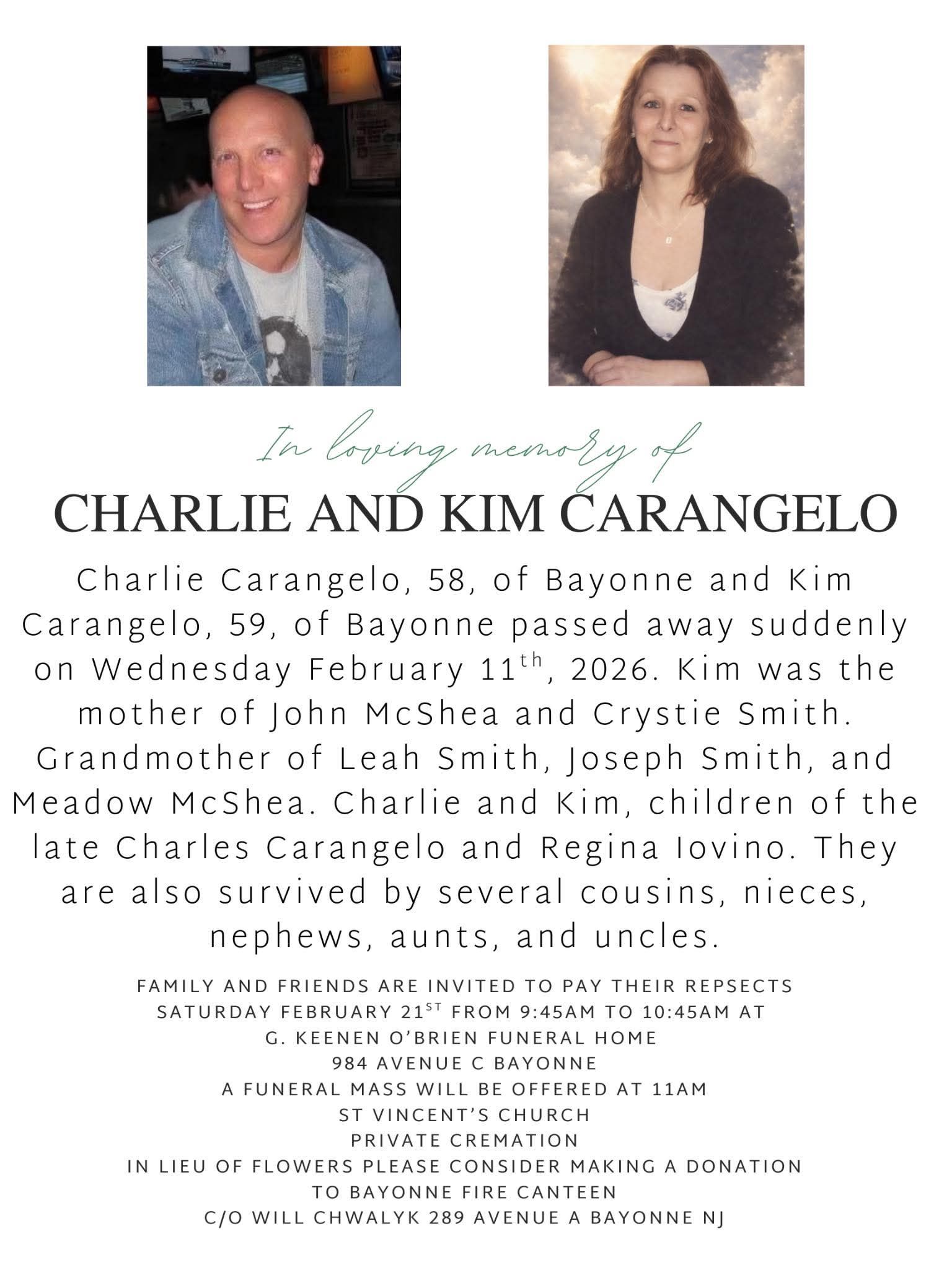 Charlie And Kim Carangelo, Bayonne New Jersey, Death: Funeral Arrangements Announced For Charlie And Kim Carangelo In Bayonne